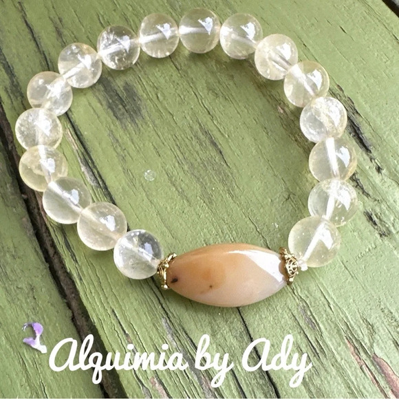 Citrine and Agate beaded gold bracelet/maximalism/chunky/pastel - Picture 1 of 7